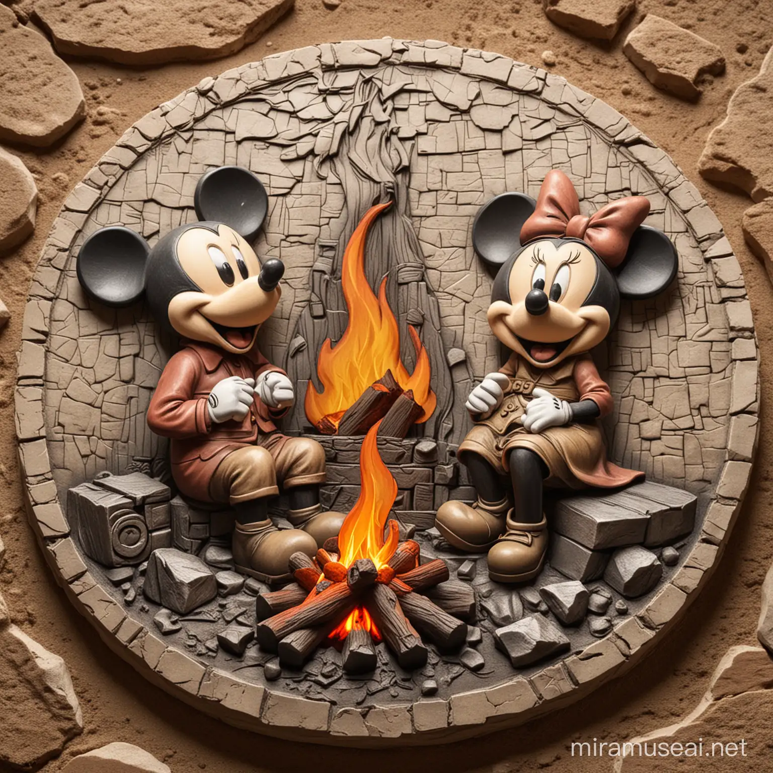 mickey and minnie mouse sitting by a campfire bas relief
