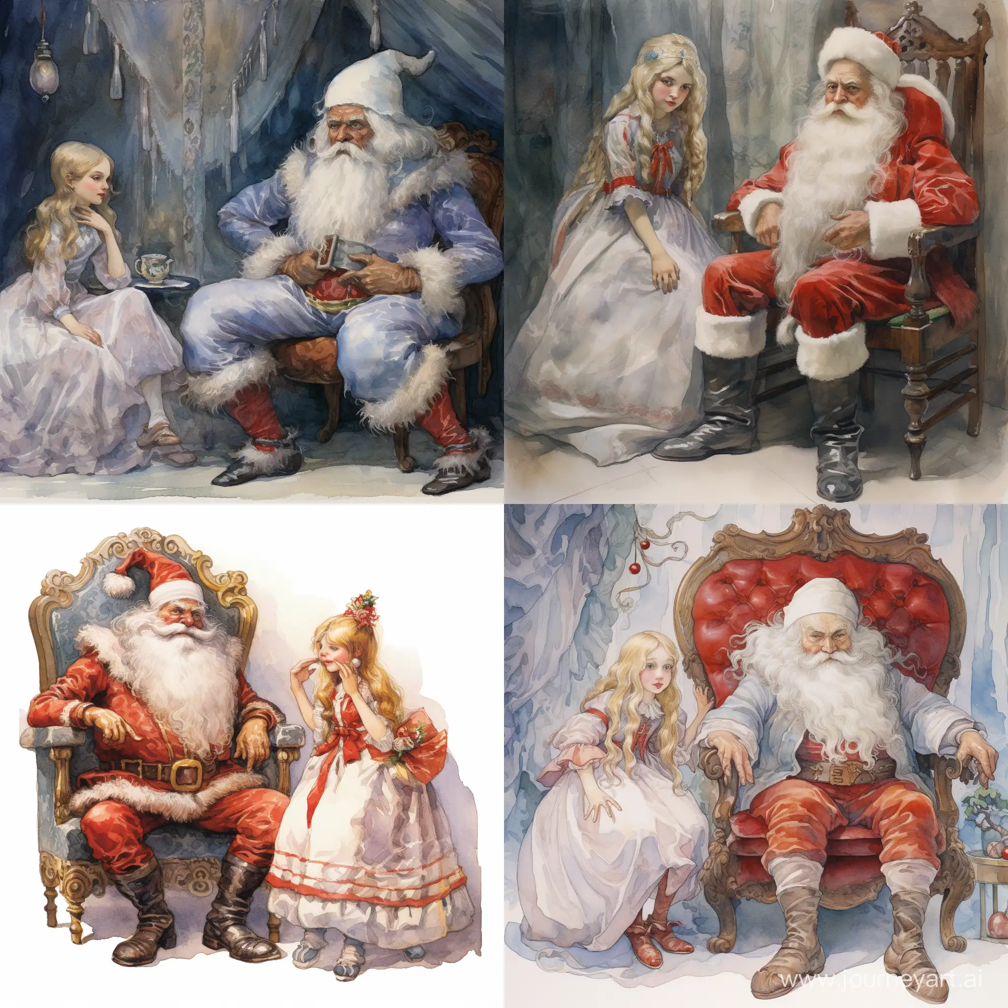 Дед Мороз сидит привязанный к стулу, во рту торчит кляп, рядом стоит недовольная Снегурочка