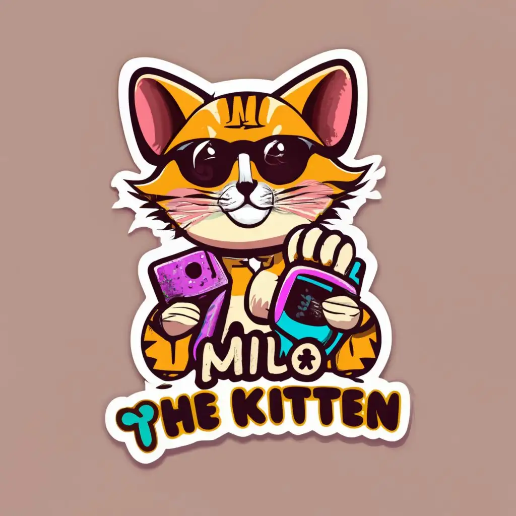logo, Sticker, with the text "Milo the Kitten: Meet Milo, a mischievous and curious little kitten. With his big round eyes and fluffy fur, Milo is always ready for adventures and plenty of cuddles.", typography, be used in Animals Pets industry