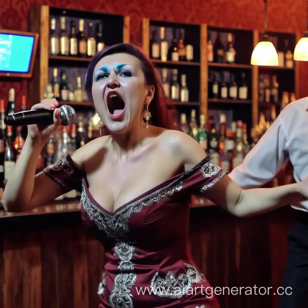 thin Tatar opera singer woman drunk and singing and dancing in bar