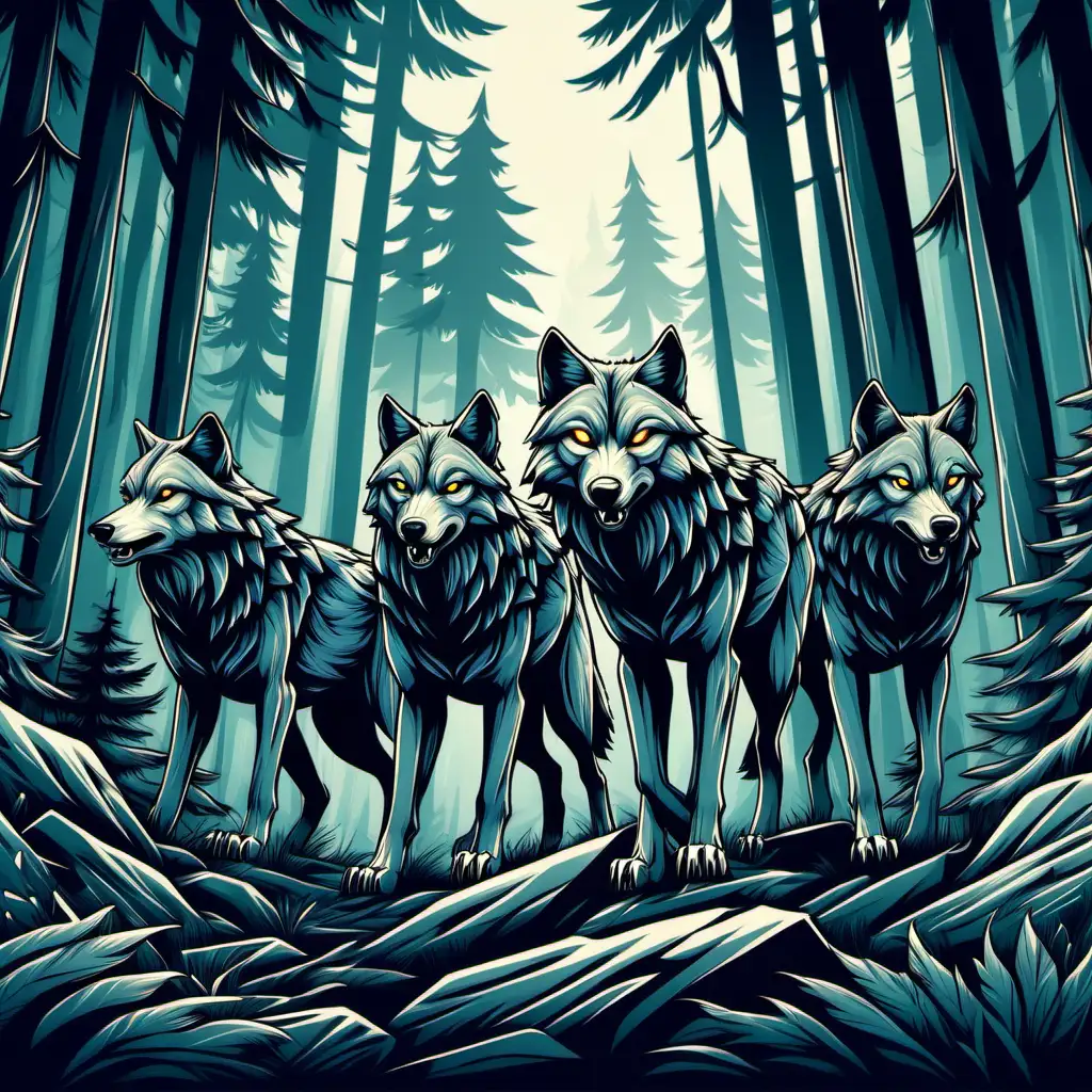 "Design a stylized illustration of a wolf pack in a forest setting, capturing the wild and untamed spirit of these creatures, ideal for nature enthusiasts."