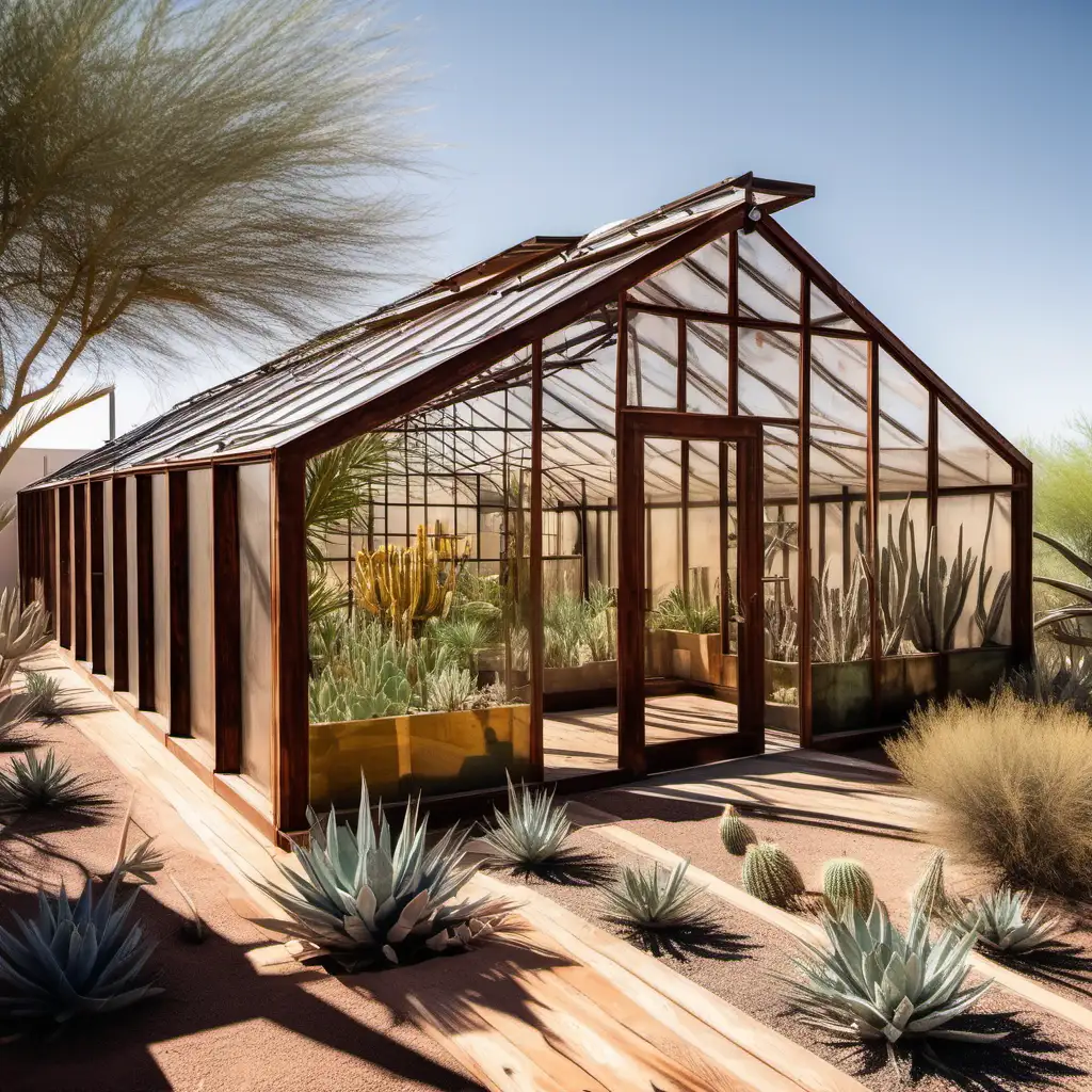 greenhouse located in phoenix housing  rare desert flora from kalahari desert.  outside of greenhouse surrounded my local flora and made of wood and glass