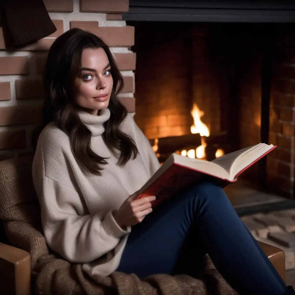 Girl is sitting close to a fireplace, cute 25 years girl, the face is similar to margot robbie, sexy girl, dark hair, big eyes, long eyelashes,  she is wearing warm clothes, long  legs, long smooth hair, volume hair, beautiful house, countryhouse, she is reading a book, soft makeup