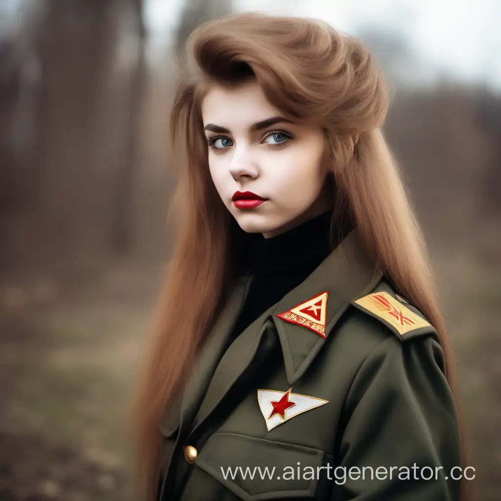 Девушка лет 20, цвет волос лисий, прическа аврора, цвет глаз ореховый, одета в военную куртку советской армии времён 1987 года, юбку, яловые сапоги, портрет 