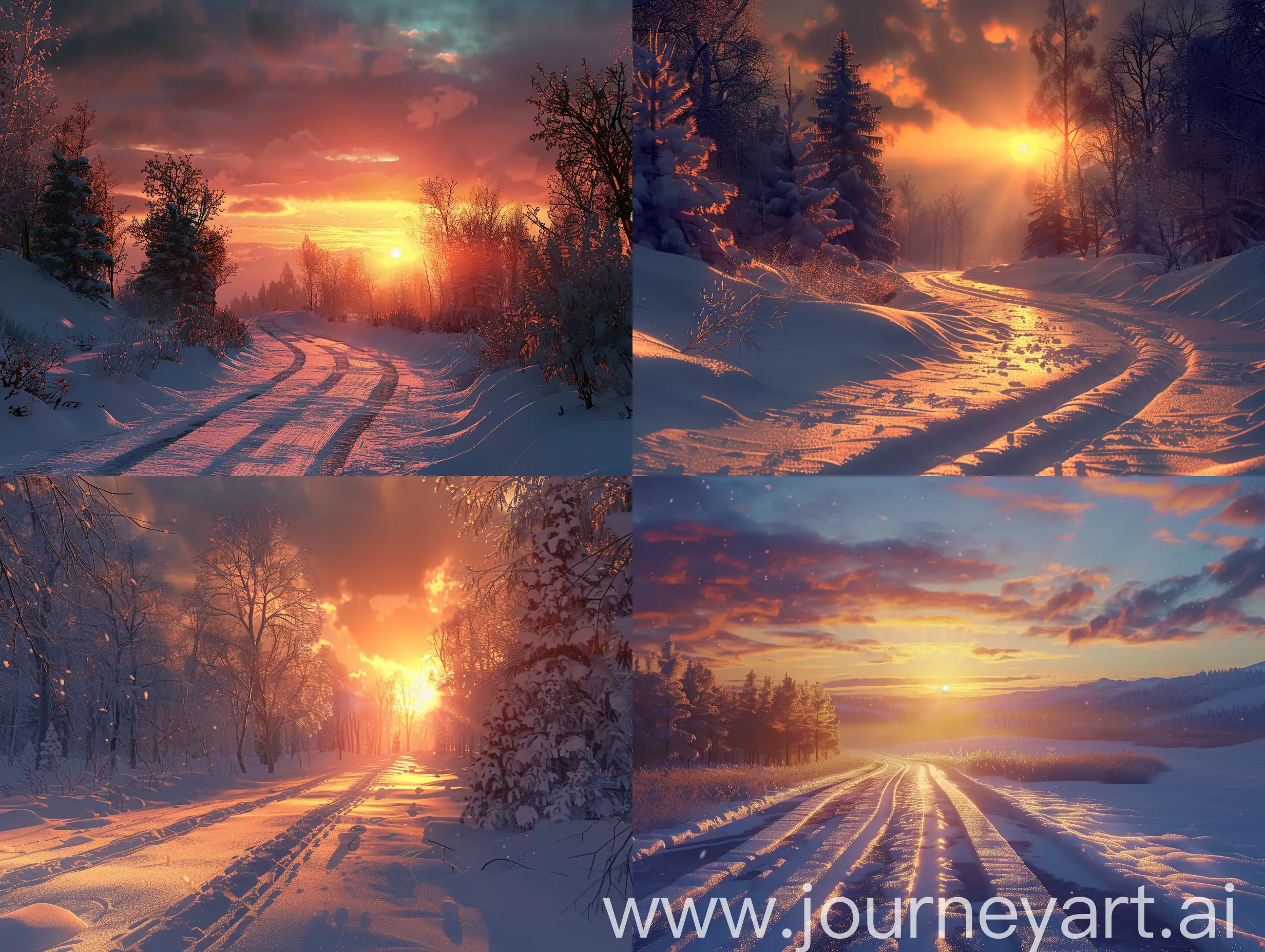 sunset on the winter road, Extreme Detail CG Unity 8K wallpaper, masterpiece, highest quality, exquisite lighting and shadow, highly dramatic picture, cinematic lens effect, delicate facial features, excellent detail, outstanding lighting, wide angle, (excellent rendering, enough to be proud of its kind, --v 6 --ar 4:3 --no 95289