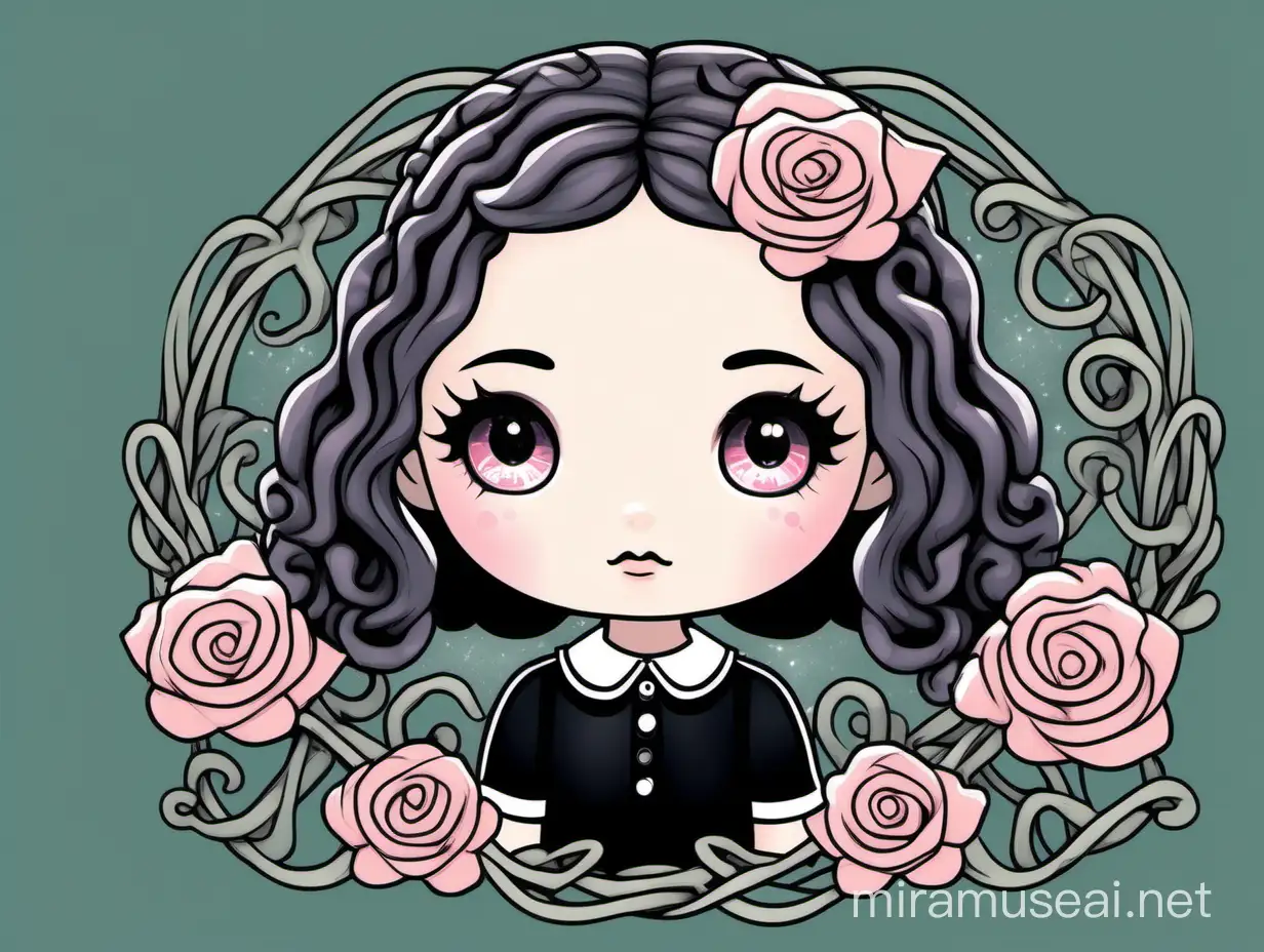 STYLE: flat vector illustration | SUBJECT: wednesday addams with curly spiral hair with roses and vines looking to the right
 | AESTHETIC: pastel goth | COLOR PALLETTE: pastels with red and black gray gree | IN THE STYLE OF: sanrio, kawaii, chibi, little twin star — niji 5 — s 50