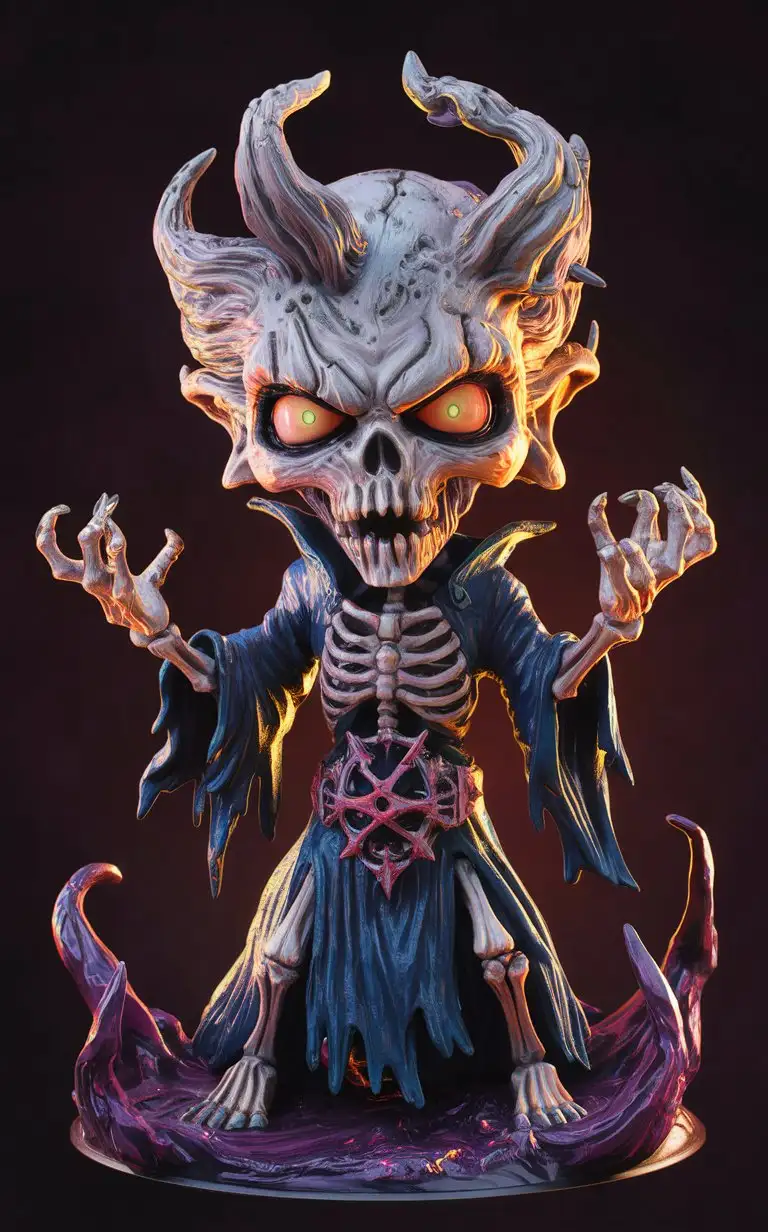 "Create a highly detailed 3D cartoon Zombie Apocalypse character portrait render of a full-body uhd Infernal Lichlord Figurine. Standing at 3.5 inches tall, the figurine commands dark magic, its sinister form and malevolent presence captured in stunning detail. Crafted from sleek metal alloy, its tattered robes and glowing eyes seem to radiate with infernal power, while hand-painted accents highlight its arcane symbols and skeletal features. Rendered in breathtaking 8k16k anime style with intricate detailing and glossy lines, this Infernal Lichlord Figurine is a formidable addition to any collection."