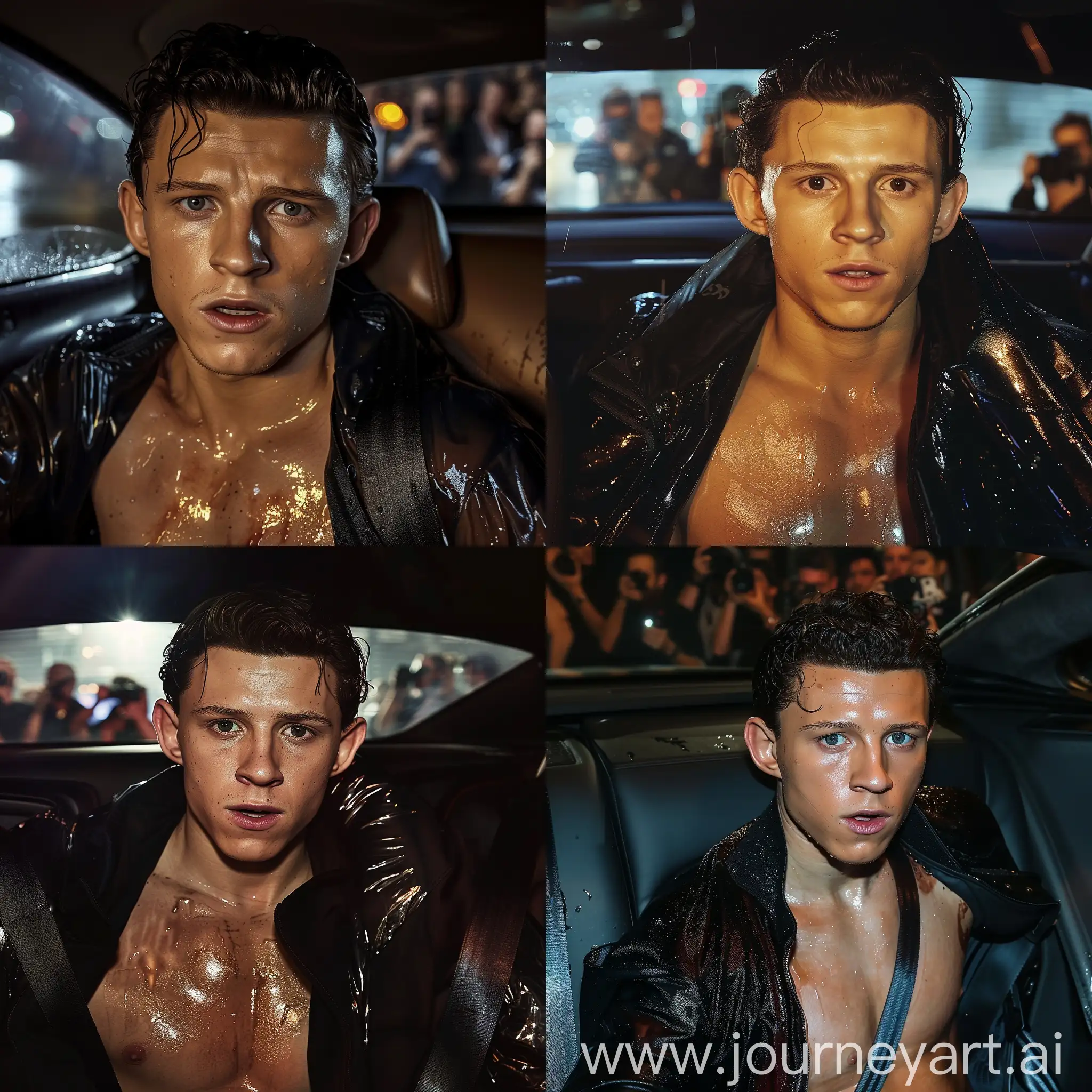 Movie lighting, actor Tom Holland's handsome face, a fit and handsome man in the back seat of the car, wearing an open black jacket, clean and smooth skin, fit masculine torso and abdomen, handsome Tom Holland inside a car, low lighting, sweaty shiny skin, wet sweaty hair, low angle, blurred background paparazzi outside the car