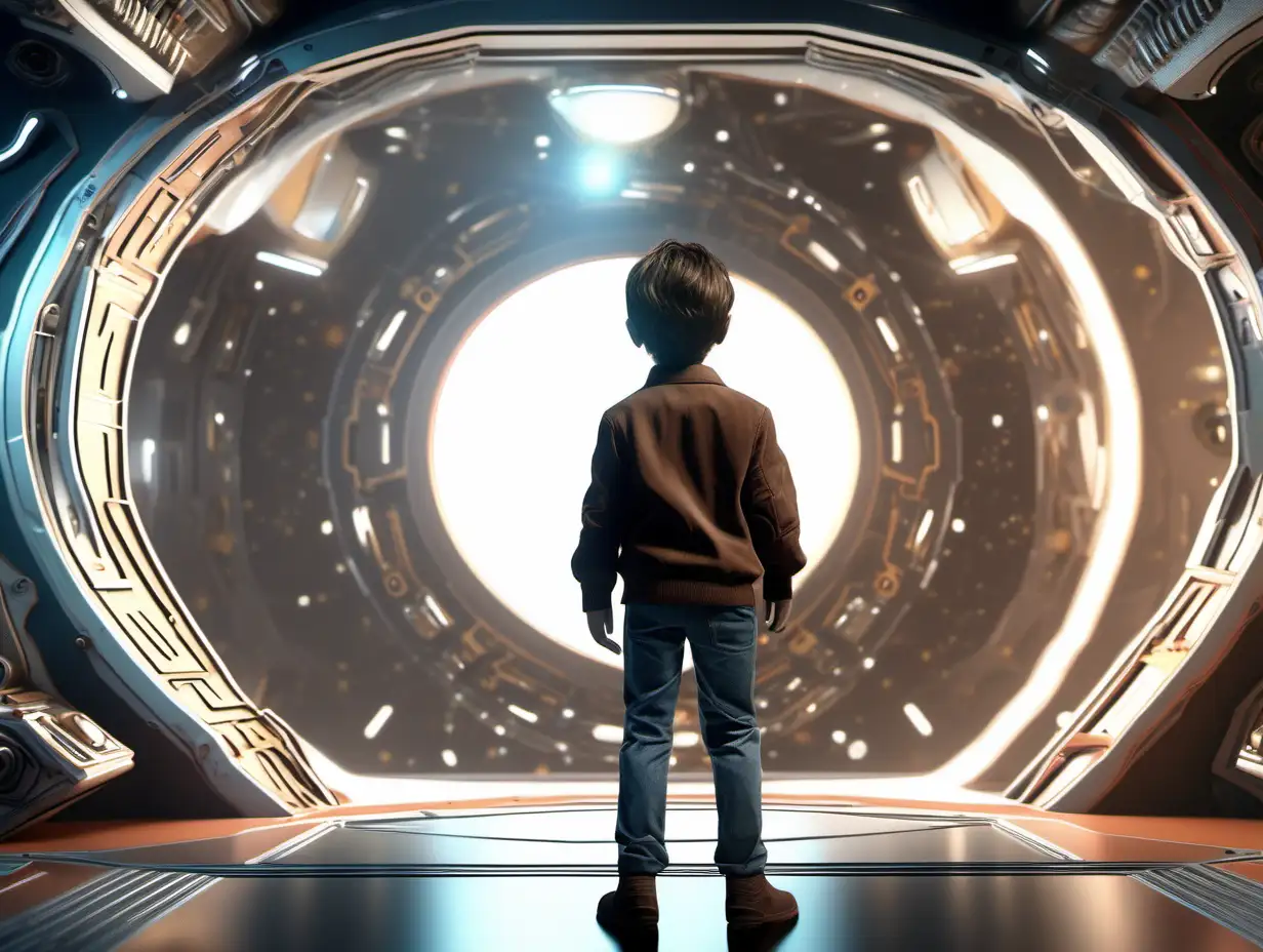 Adorable brown haired boy, high end cgi character, back to camera, wearing casual clothing, realistic groom, 3d octane render, mysterious large room in space ship,  holograms, beautiful, award winning, wide shot, hypermaximalist, octane render, cinematic lighting, detailed --ar 4:3 --s 750