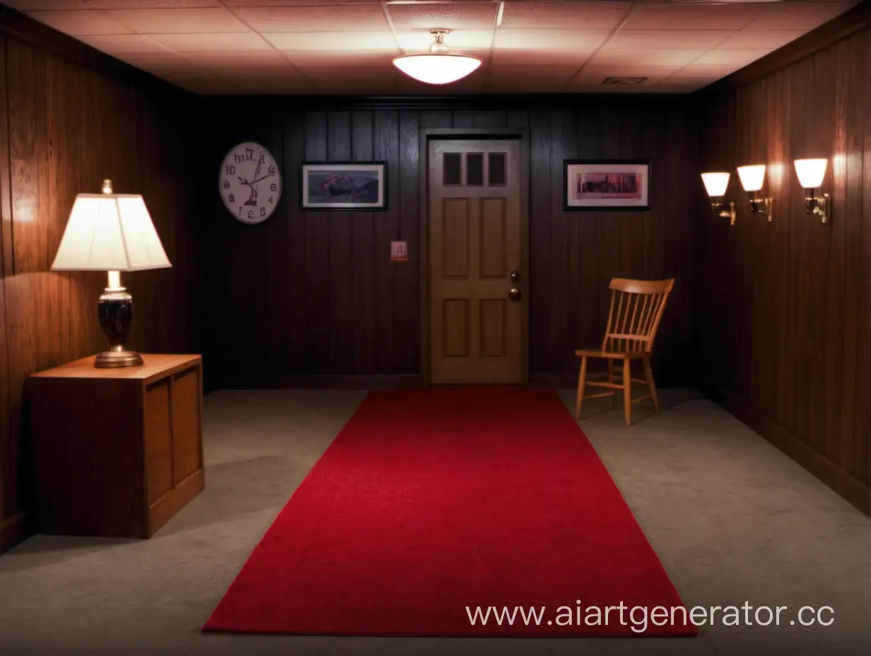 Подвал, в правой части одна лампа, в середине дубовый стул с красным ковром, Купер, твин пикс вайб