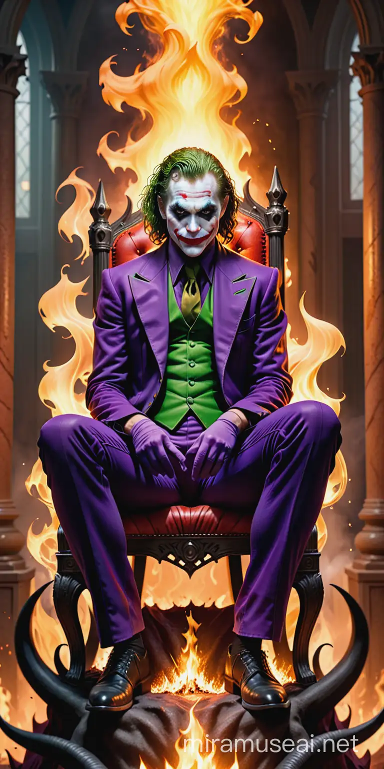 The Joker on Devils Throne in Hell Realistic Colored Image with Fiery Surroundings