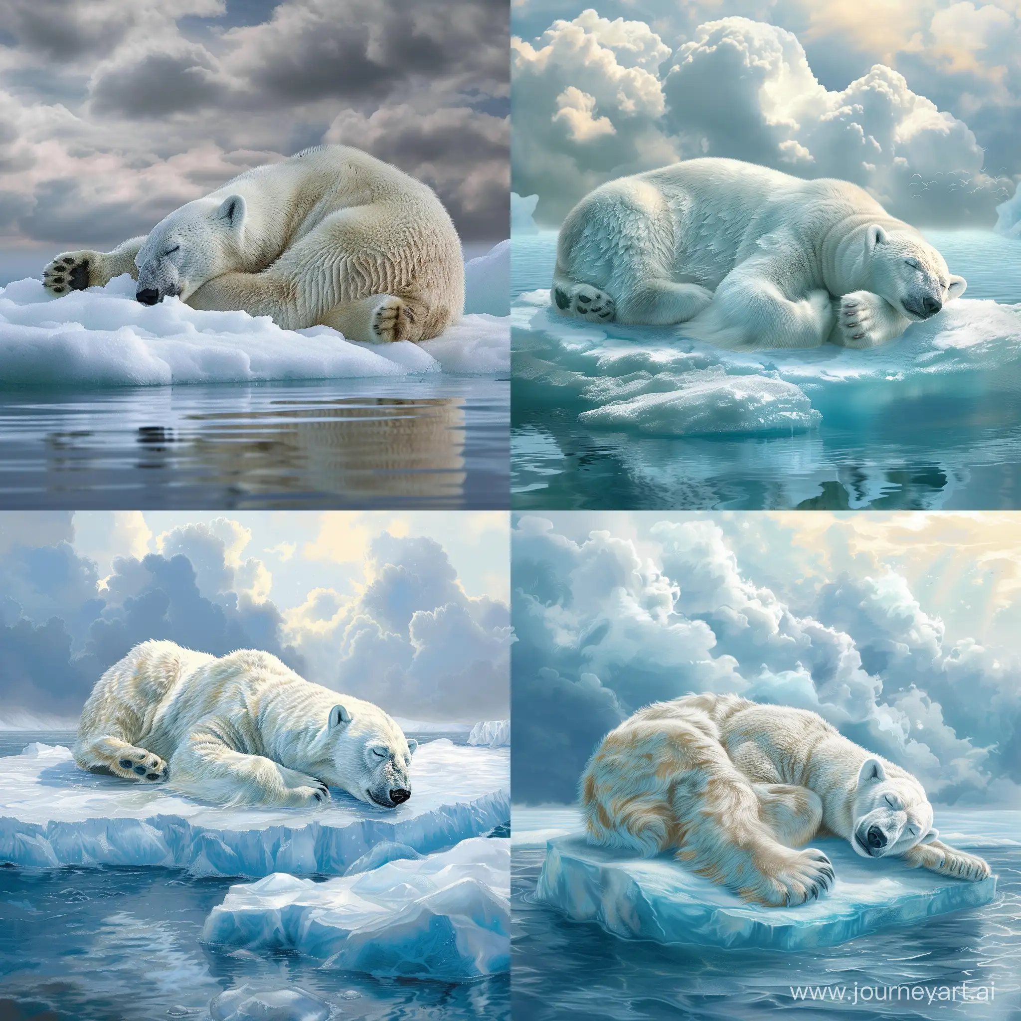  A polar bear is sleeping on an ice floe in the Arctic Ocean. The bear is surrounded by water and ice, and the sky is cloudy. The bear is white and the ice is blue, and the water is a deep blue. The bear is in a peaceful and relaxed state.