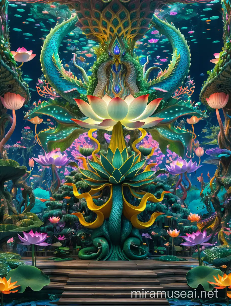 Psychedelic Visionary Forest World Underwater Scene with Flying Lady Lotus and Dragon Wings