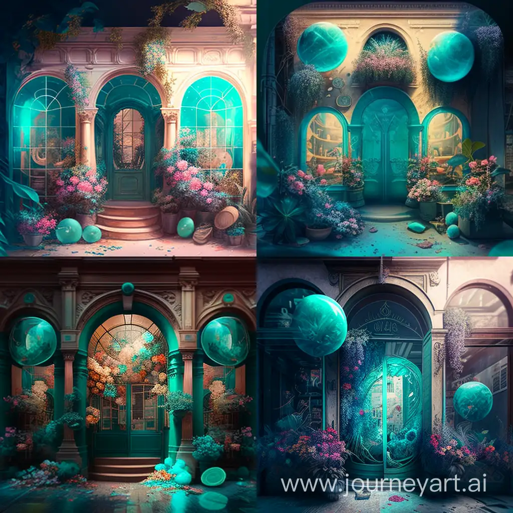 Double-Exposure-Epic-Flower-Shop-Entrance-in-a-Medieval-City-with-Turquoise-Faade-and-Pastel-Colors