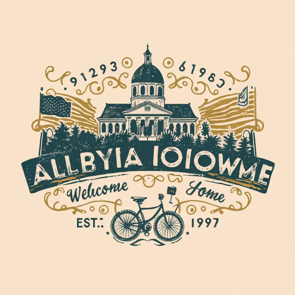 LOGO-Design-For-Albia-Iowa-Welcome-Home-Vintage-Bicycle-American-Flags-and-Courthouse-Theme