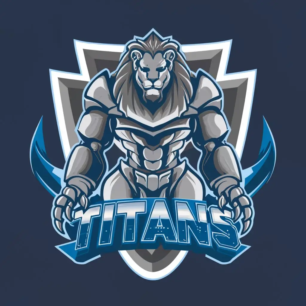 a logo design,with the text M.V "TITANS", main symbol:"Humanoid Robot lion robot" Navy blue and white primary colors holding the world on its shoulders as if it was the titan Atlas ,Moderate,clear background, Only include colors blue, white, black, and gray, 