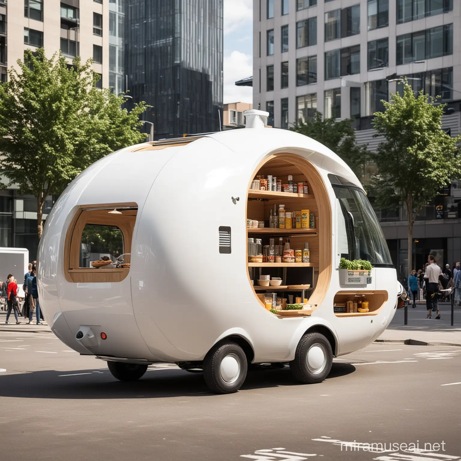 A futuristic mobile food pod which is mobile and small