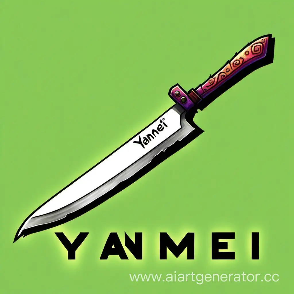 Кухонный нож, на кончике которого кислотный огонь, а сзади него написано " Yanmei " минималистичная картинка в стиле Terraria