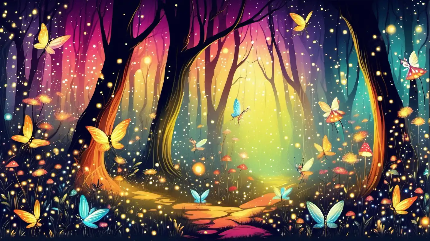 colorful forest with fairies, fireflies