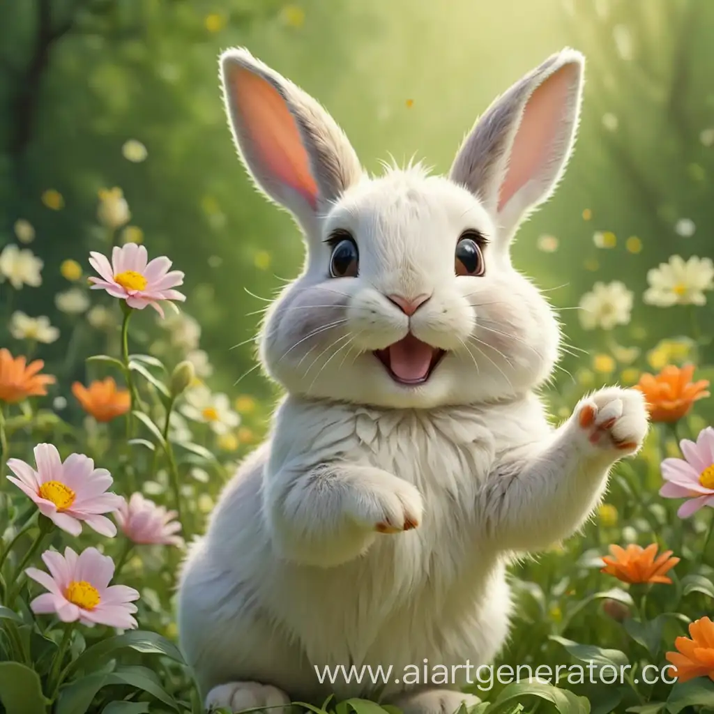 A cute real bunny with flowers waving while the green background is kind high quality benevolence positive happiness joy