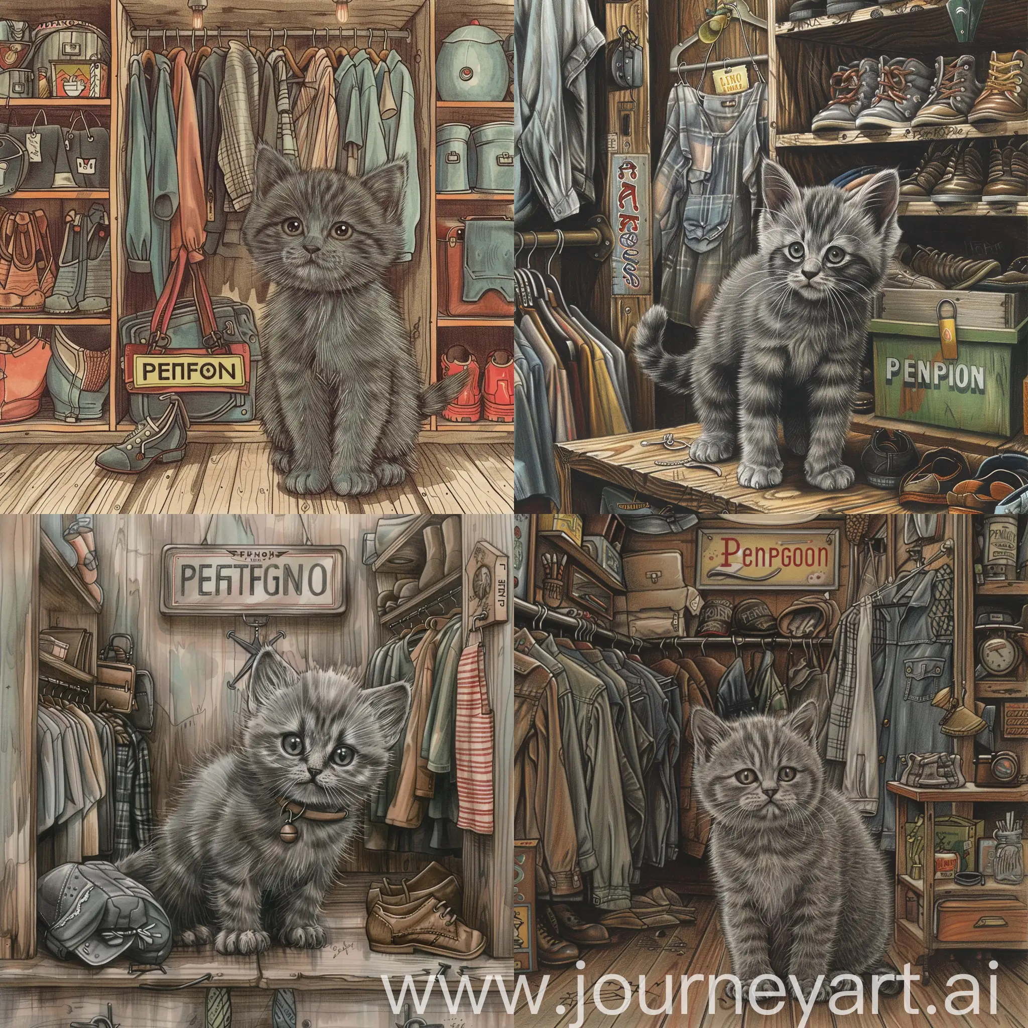 Adorable-Gray-Kitten-Exploring-PentagonThemed-Vintage-Clothing-Store