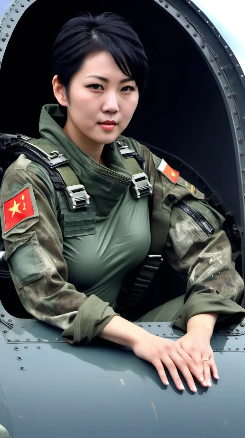 Determined Chinese Female Soldier in Fighter Jet Cockpit