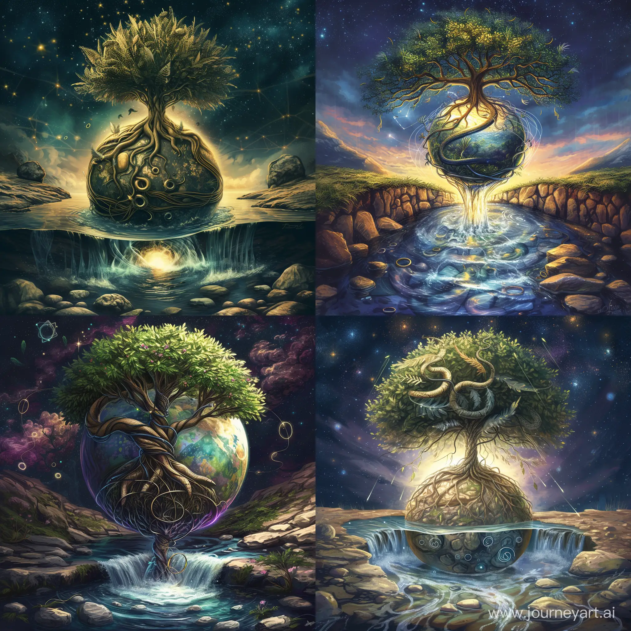 **tree at top of the magic sphere with branches like snakes with roots wraping the sphere, with leaves like feathers. under the sphere is water like water stream bounded by stones and rocks. background is like midnight sunshine with starry sky. on water level under the sphere are rings vibrations.** --v 6 --ar 1:1 --no 67309