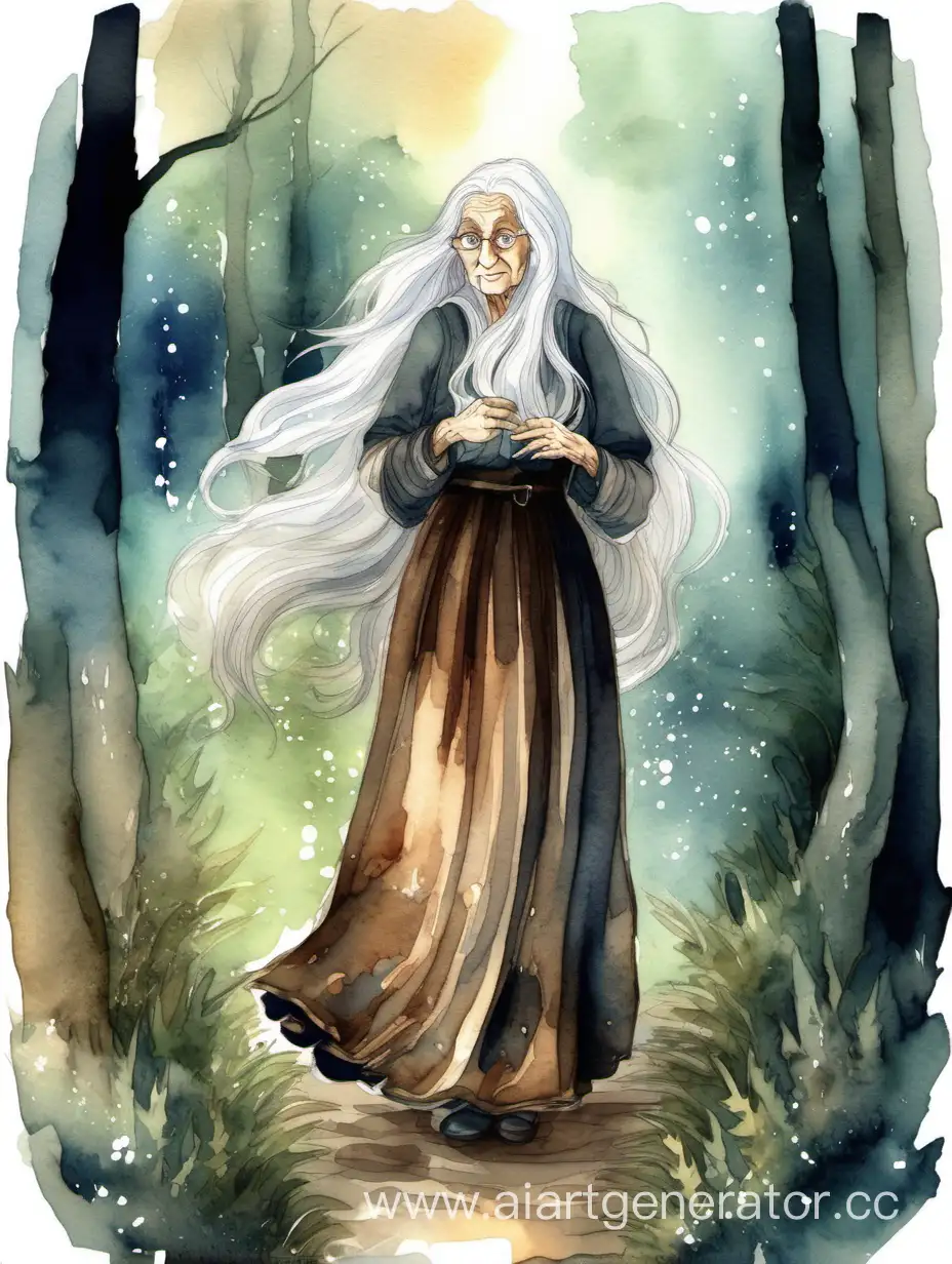 Enchanting-Dark-Forest-Scene-with-Kind-Old-Woman-in-Watercolor-Style