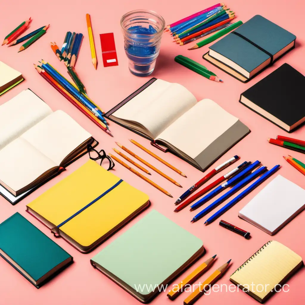 тетрадки, карандаши, ручки, учебники для изучения японского языка на фоне цвета #ed9a9e