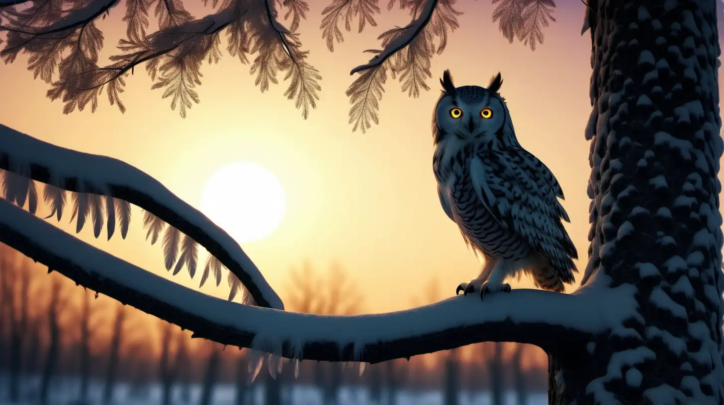 Enchanting Snowy Forest Majestic Owl Silhouette at Sunset in Ultra 4K Quality