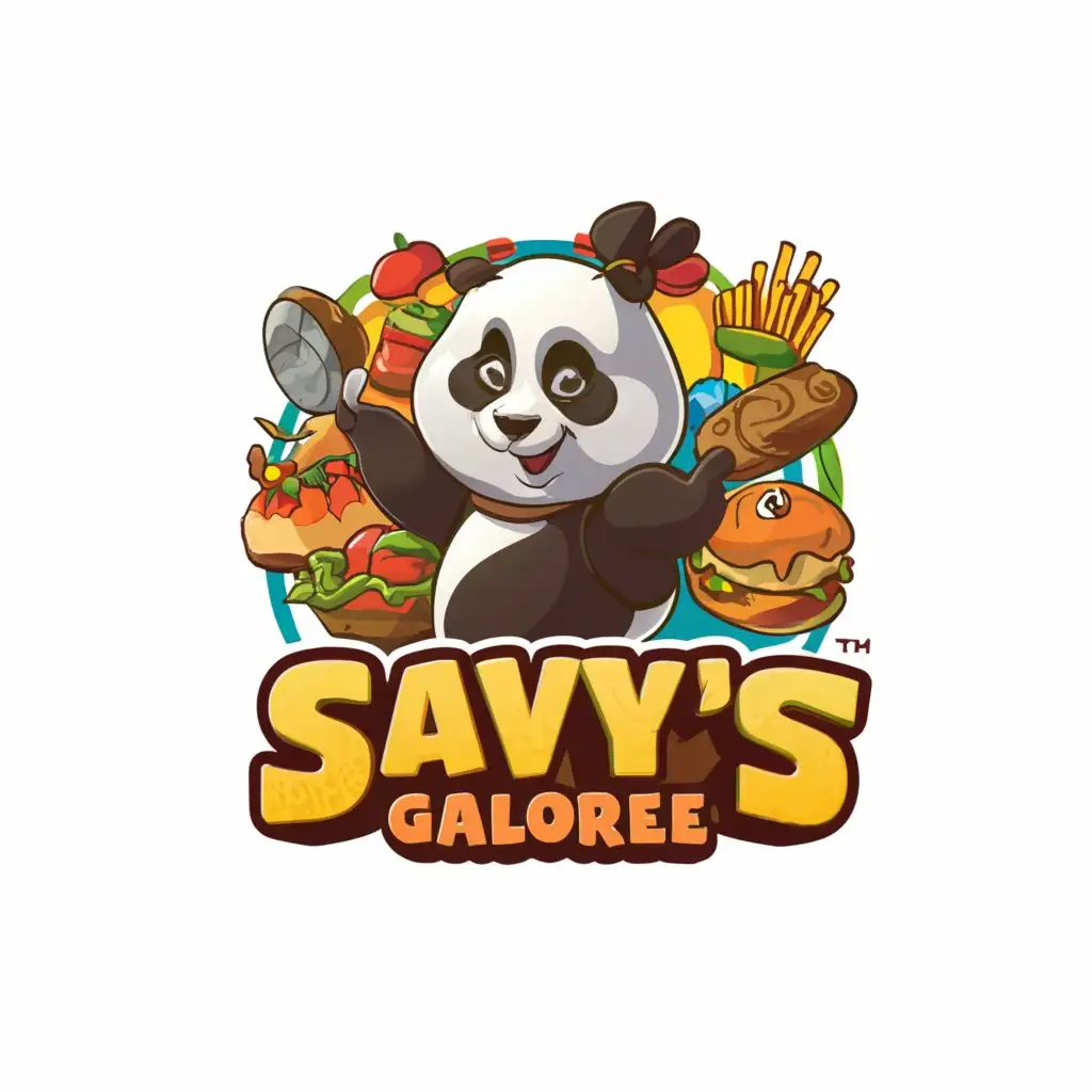 a logo design,with the text "SAVY's GALORE", main symbol:surrounded with animated foods; kung fu panda theme,complex,be used in Restaurant industry,clear background