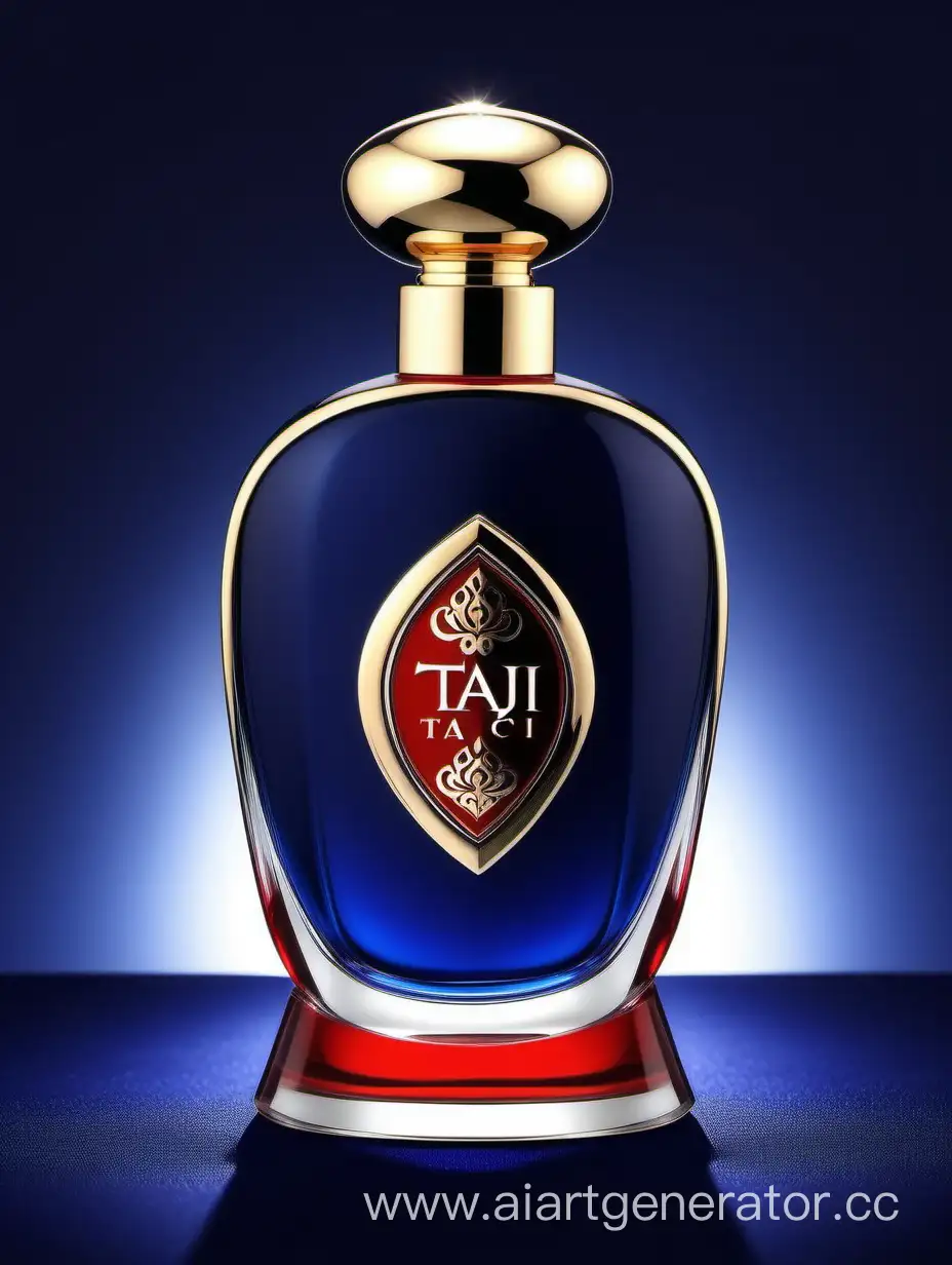 A luxurious Dark Blue Red and white double layers perfume with a elegant zamac cop ((taj text logo))