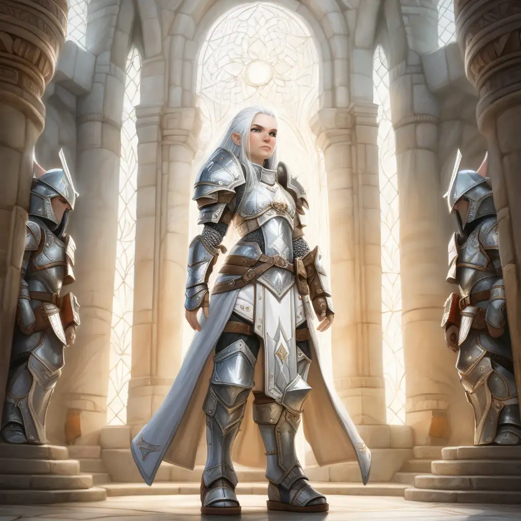 Generate a full-length portrait of a female deep gnome cleric of Sarenrae, brave but kind, white haired, scar on her left eye, wearing full plate armor. She is standing in a temple of the ever light showing her faith to the goddess.