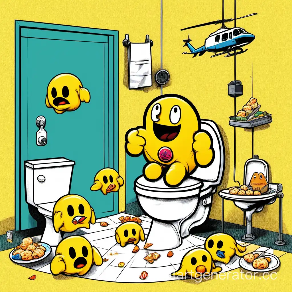 Eclectic-Scene-Pacman-Indulging-in-Dumplings-MandarinHolding-Toilet-Sitter-Helicopter-Acrobatics-and-Serene-Canine