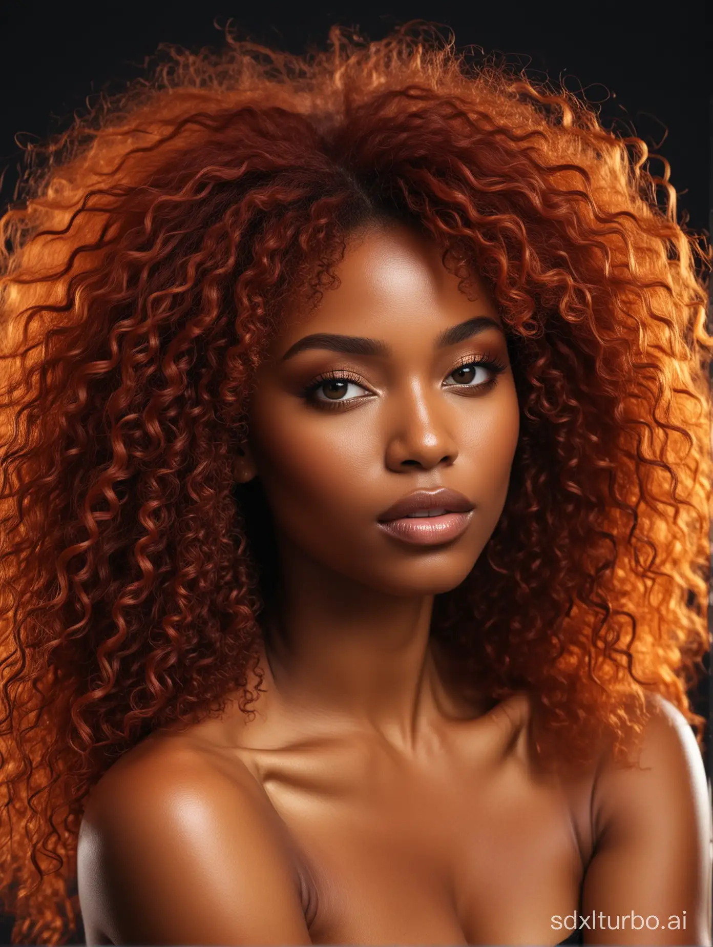 Black beautiful woman, frizzy red hair, flame body. Ember skin.