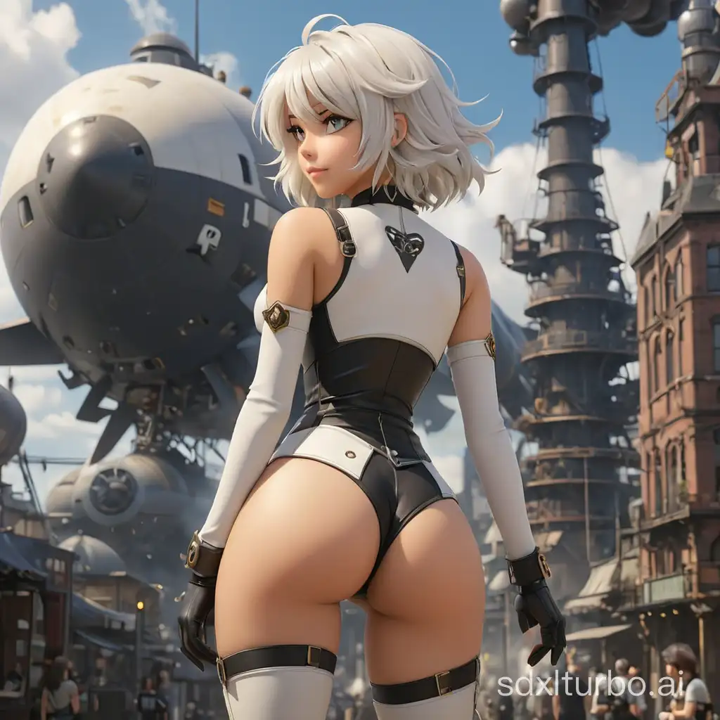 Busty gyaru yorha_no.2_type_B (white bob hair) (nier gal) put on a tight-fitting underboob bodysuit (white bottom,black top,deep necklace),stands with her half-turn rear view,back to the floor near a steam gundam suit,heart tattoo from the back,behind a fantasy Steam punk city,a lot of steam and smoke,zeppelins and airships in the sky,dawn, sun rays,strong hairblowing wind,perfect beautiful face,hq eyes,plump lips,shy smiling,flat stomach,slender hips,perfect body,slim hips,small hips,style raw,masterpiece 1:2,extremely detailed cg,sun shafts,ray-tracing,32k.