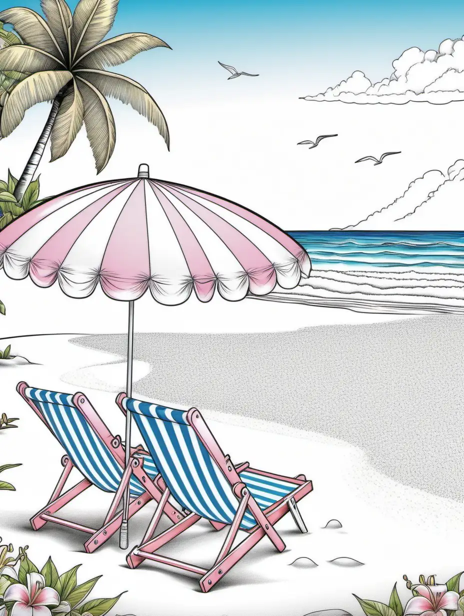 adult coloring book, vivid Color, peaceful tropical island scene, light pink beach umbrella, white and black striped beach chairs, white sand beach, plumaria flowers, blue ocean, no shading, high detail