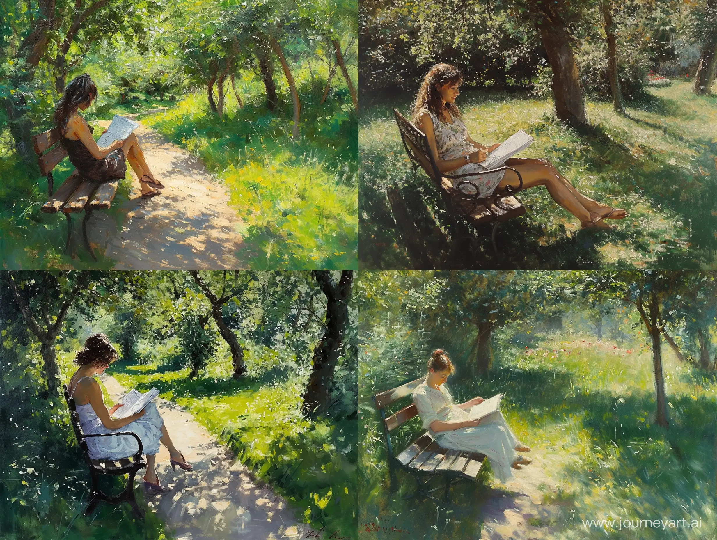 Impressionism painting full of visible beautiful Brush strokes ,a woman reading paper while relaxing on  a garden bench ,wide angle captured art ,trees ,shadows,thick grass all around, beautiful masterpiece