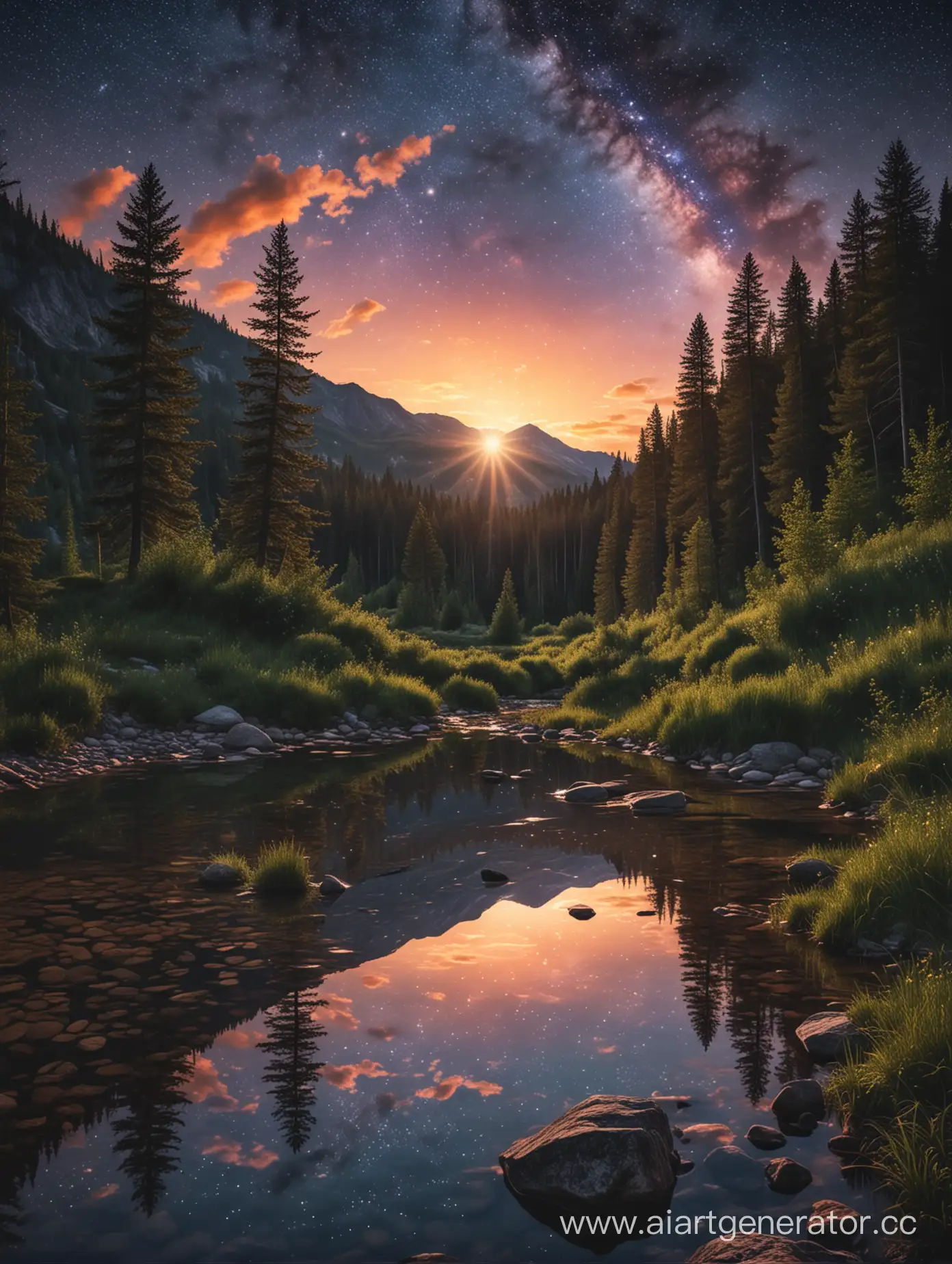 Sunset-Serenity-by-Mountain-River-in-a-Starry-Glade