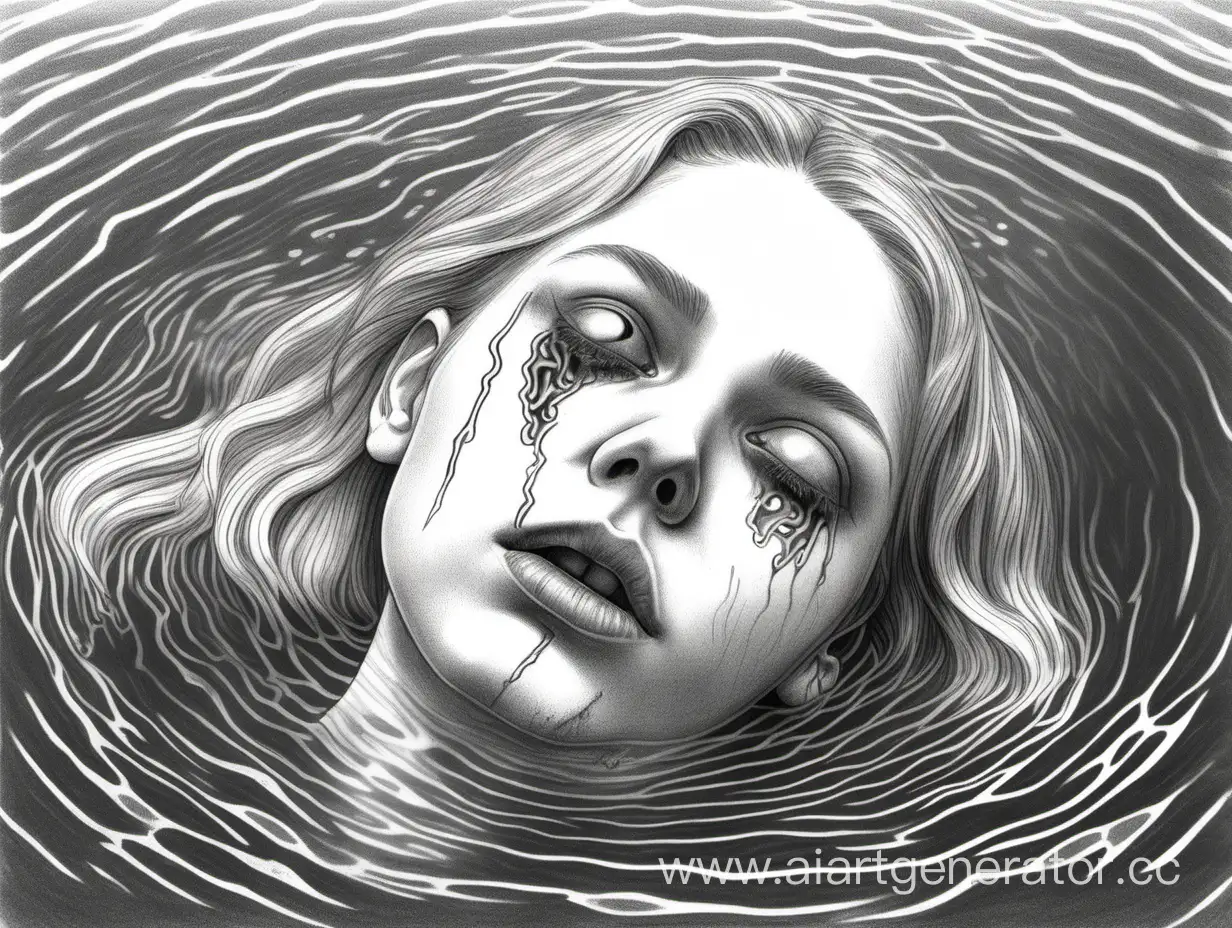 Eerie-Pencil-Drawing-of-a-Submerged-Blonde-Girl-with-Missing-Eyelids-and-Severed-Hand