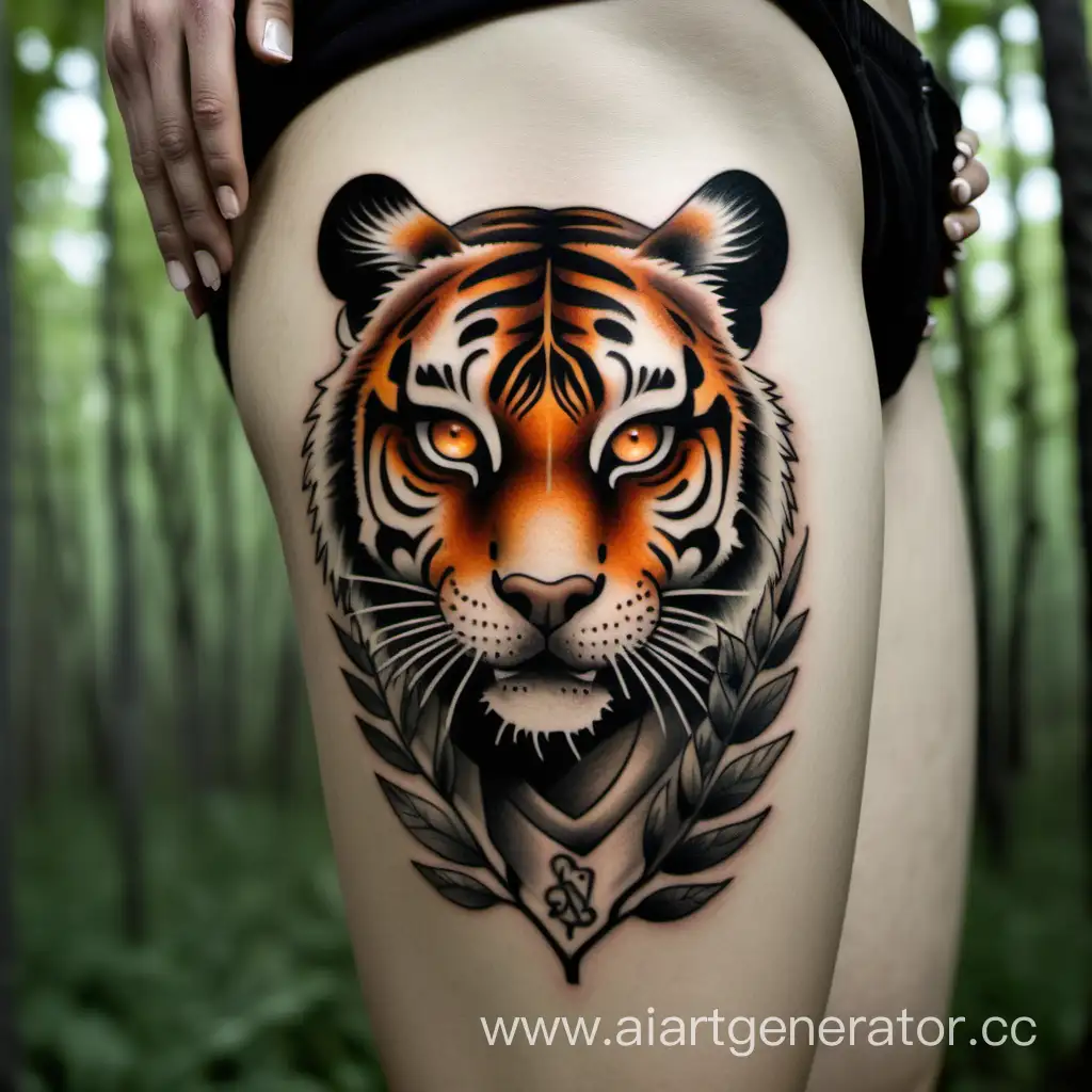 Небольшая татуировка черного цвета, размером 15 на 15 сантиметров с тигром на плече у девушки со светлыми волосами, ей 35 лет, с красивым лицом. Девушка стоит на фоне деревьев в охотничьих штанах.