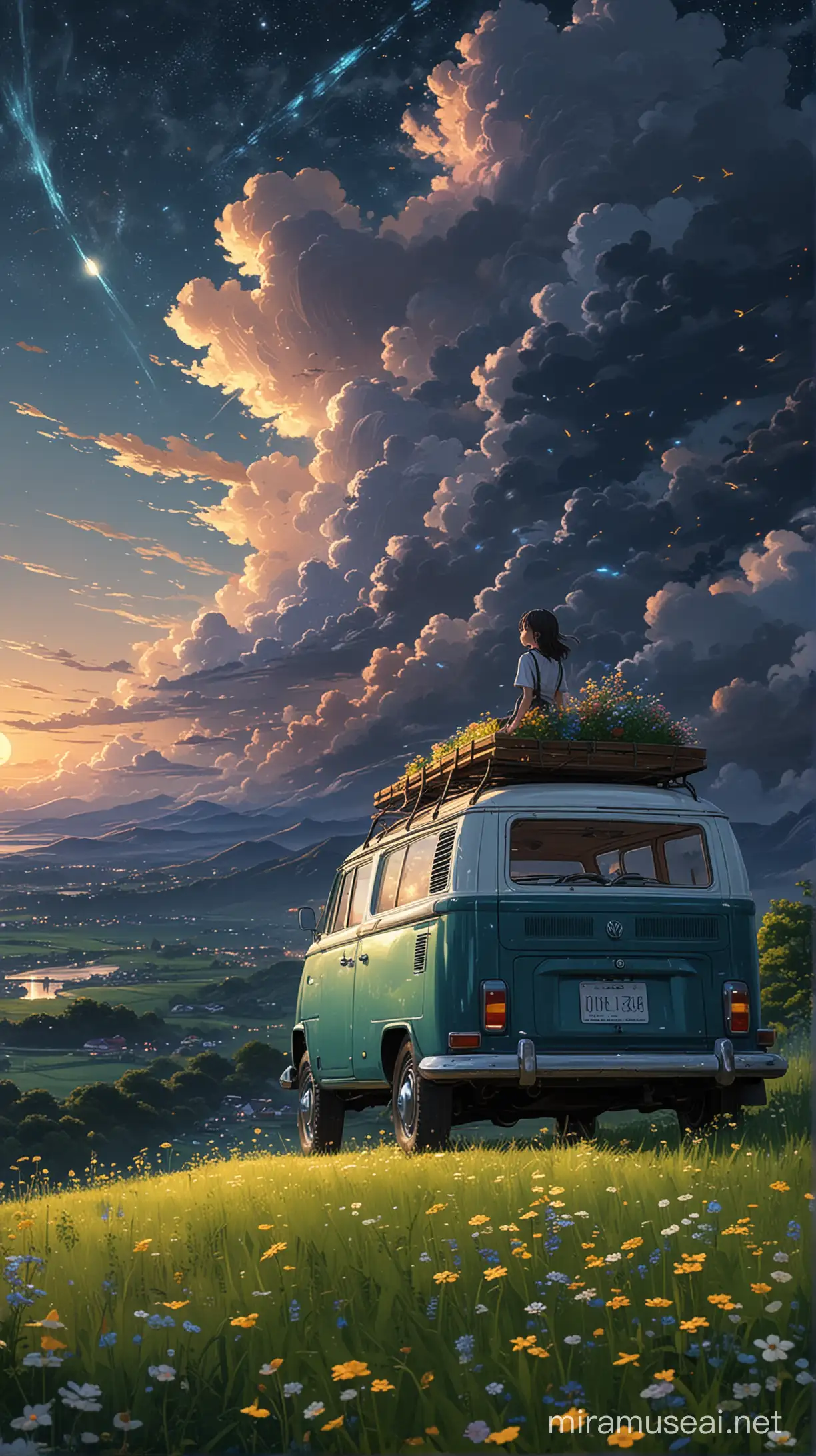 girl standing on roof of one VW car parked on hill, under a majestic night dark sky and stars, view of majestic fluffy cloud, , many beautiful fireflies fly on grass, vibrant of variant flowers meadow, fireflies fly on sky, ultra detailed, high resolution, best composition, illustration, acrylic palette knife, makoto shinkai style, Codex_401 style, mystical, Mystica_meta style, ghibli vibes, ultra detailed, render, stable diffusion, trending pixiv fanbox, --ar MJ V 6, 0,