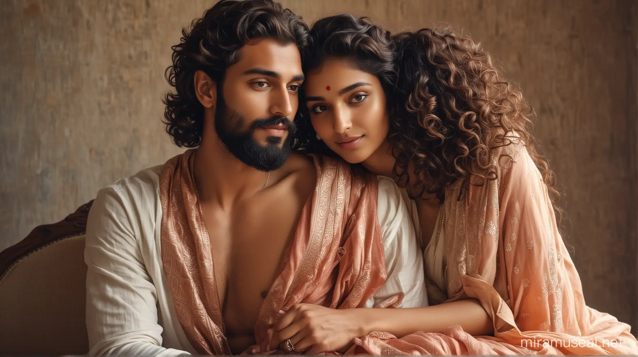 two intimate lovers, european handsome mAn, most handsome european man with indian features, fashionable beard, most beautiful indian girl, elegant saree look, curly long hair, girl siting on lap of man. man holding girl intimately with love, girl  topless, innocent and shy,
photo realistic, 4k