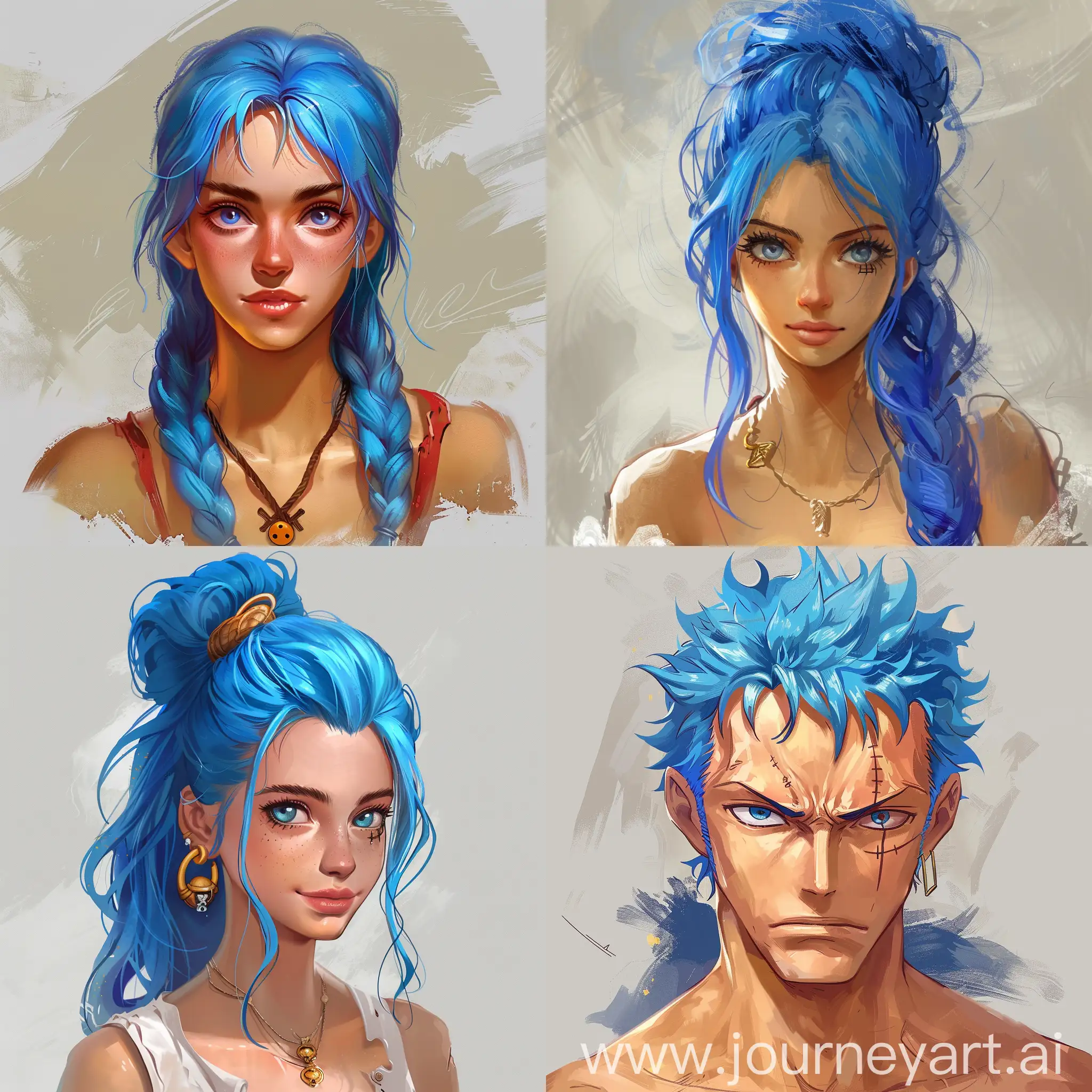 Create a character design with blue hair in one piece artstyle