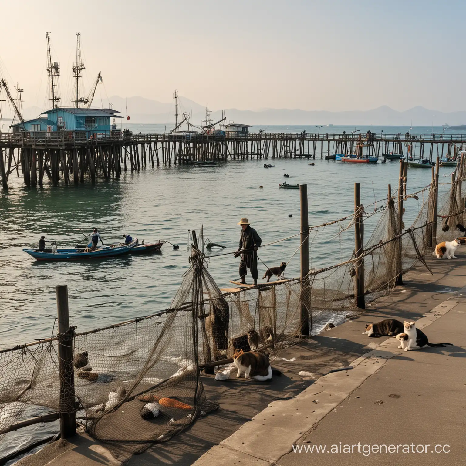 японские рыбаки с сетями возле пристани, а вокруг них много котов