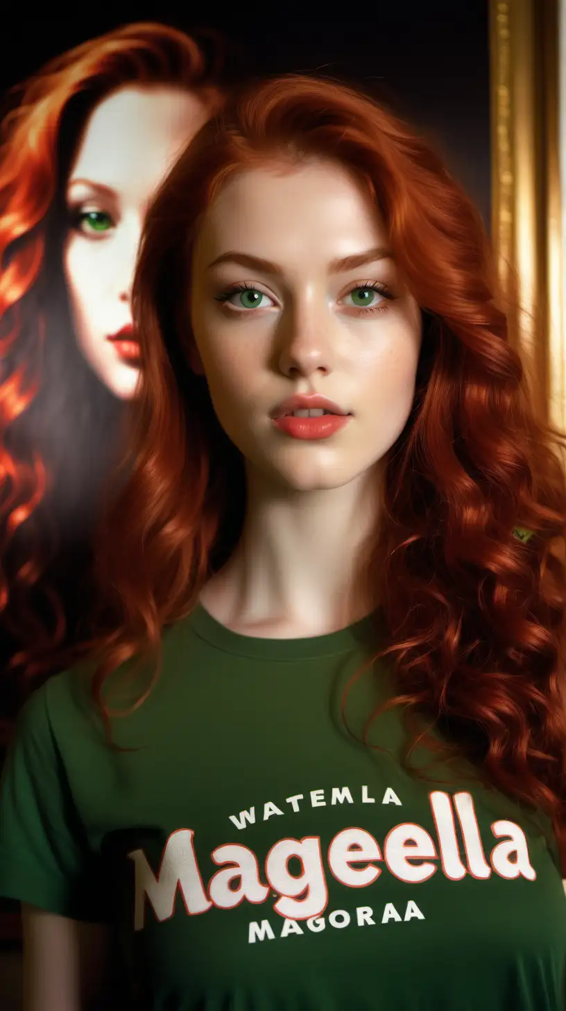 Generate photograph of a 25-year-old woman. She is beautiful with long red wave hair, perfect face, perfect green eye, perfect lips. She standing by a painting wearing a shirt with Magella Mora logo printed.

She is in a relaxed atmosphere setting, cinematic warm lighting, Kodak gold 400 quality rendering. Upscale with high quality definition.

No bad lips, no bad eyes, no bad teeth, no watermark, no masculine features, no distorted hands and no distorted finger.