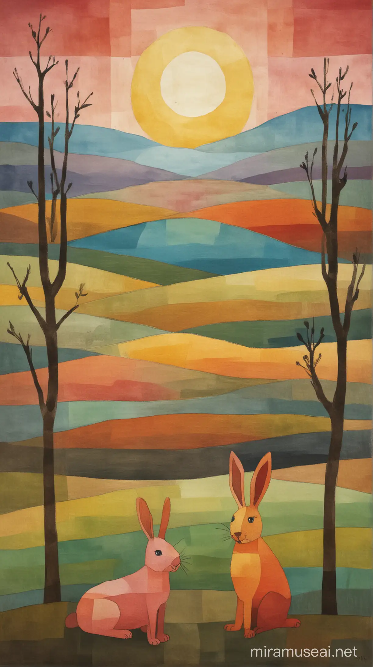 Male im Stil Paul Klee eine Moorlandschaft mit 4 bunten Osterhasen