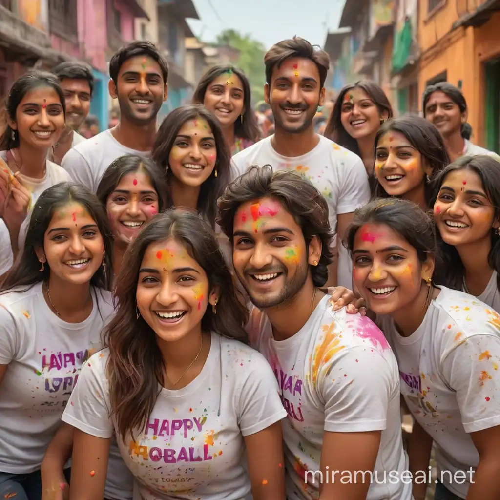 Create a highly detailed and realistic 3D image of a group of 25-year-old man & women joyfully celebrating Holi the festival of colors. The man & women are wearing a white T-shirt with name “Upskill learn” clearly written visible, and their faces are shown.  complete with (cultural or traditional buildings) and lush greenery. Children and other participants are depicted enjoying the festivities.” Special attention The name "Upskilll Learn" must be visible on t-shirt