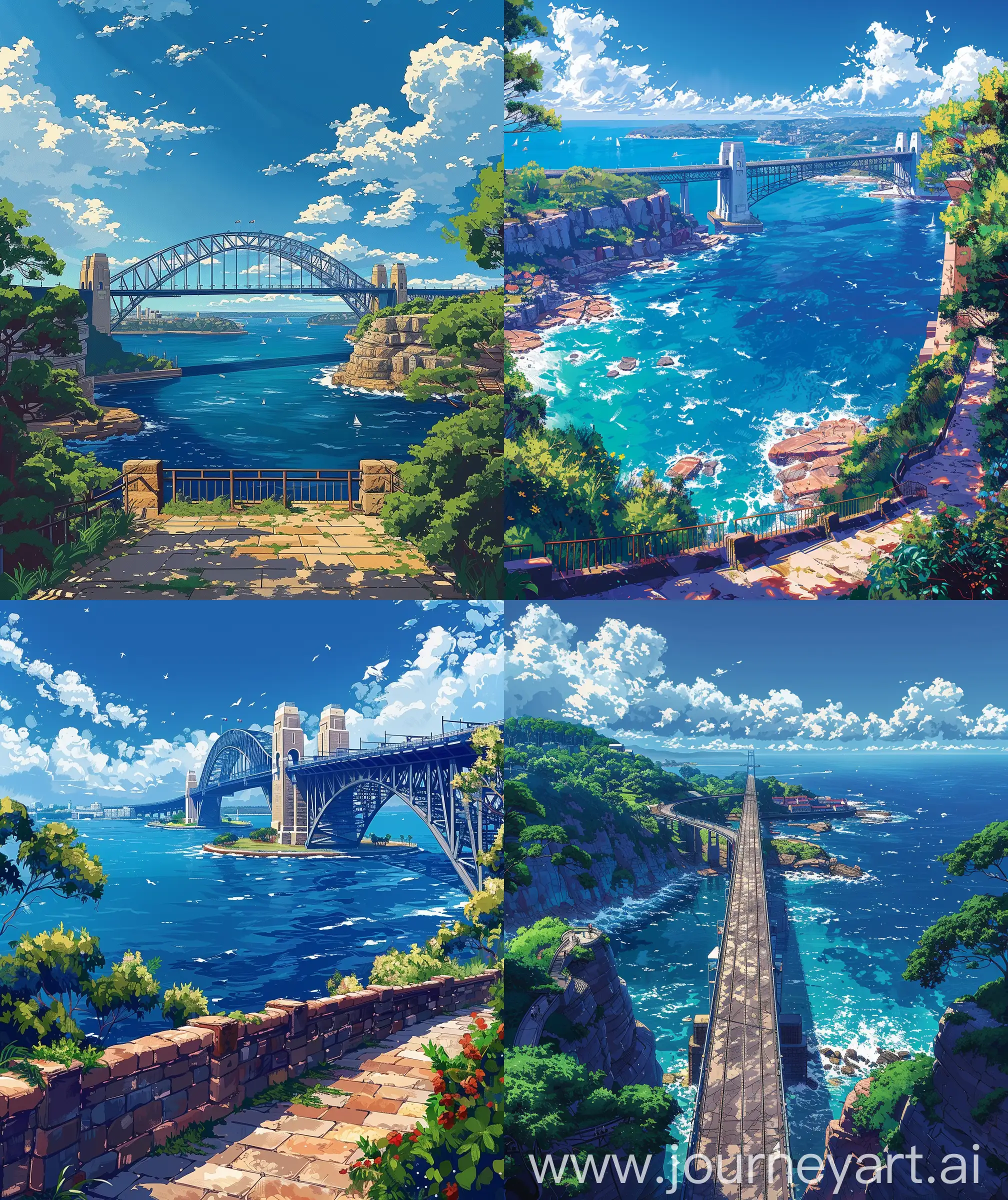 Anime style, beautiful harbour bridge, illustration , Sidney, ocean view, down to above view of bridge, direct front facade view of bridge, summer days , anime style, beautiful illustration, ultra HD, high quality, sharp details, no blurry image, no hyperrealistic --ar 27:32 --s 600