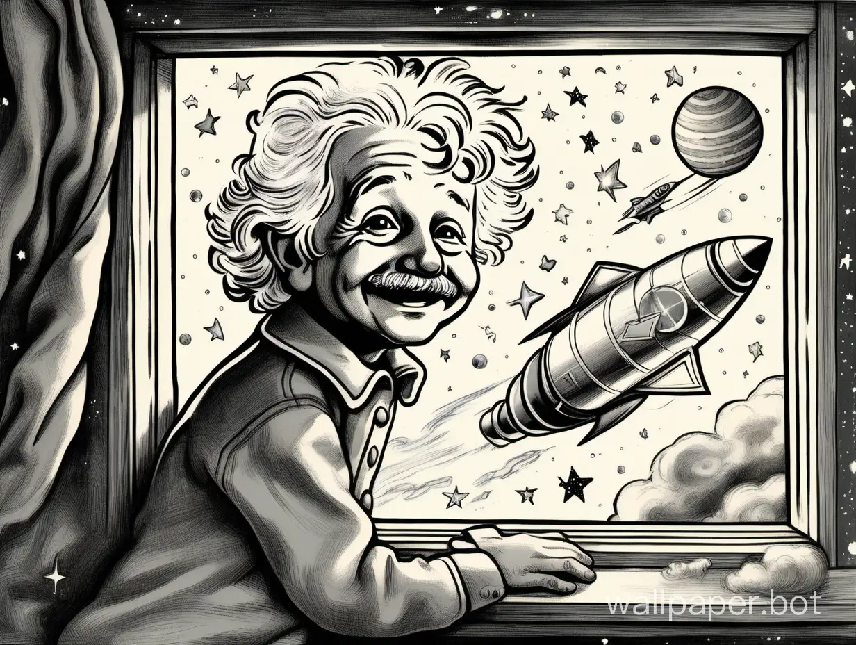 Albert Einstein's childhood fantasies in a dream, flying in a rocket, silvery. From the window, a smiling Albert Einstein looks out. He is five years old, and around the rocket are stars, galaxies, planets like Jupiter, Saturn with rings, and Earth smiles.